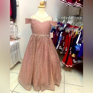 Sz 4 Pink Rose Gold Glitter Off Shoulder Pageant Gown Special Occasion Dress NWT